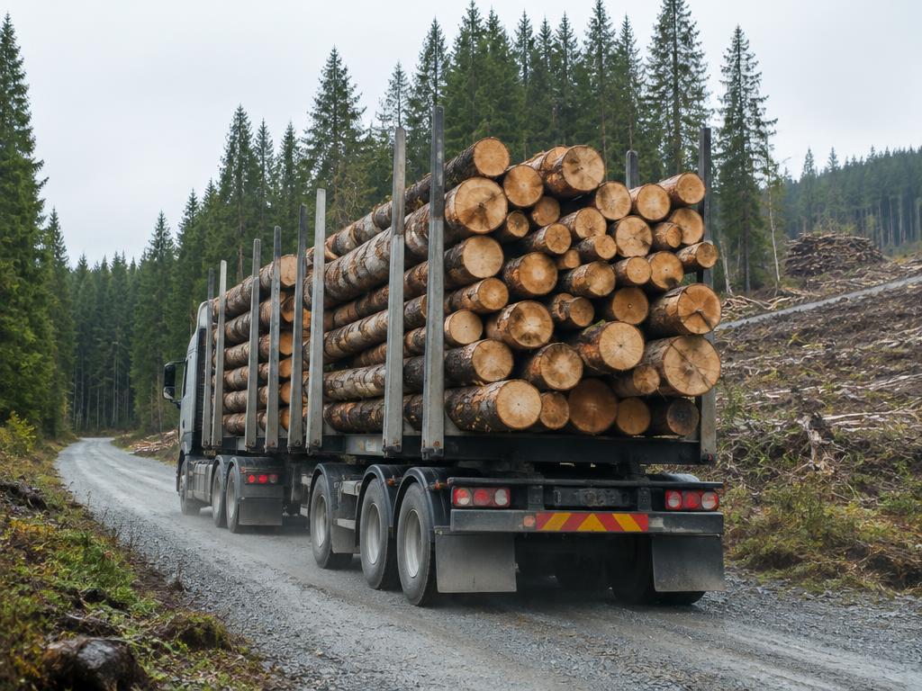A logging truck loaded with freshly cut timber on a forest road